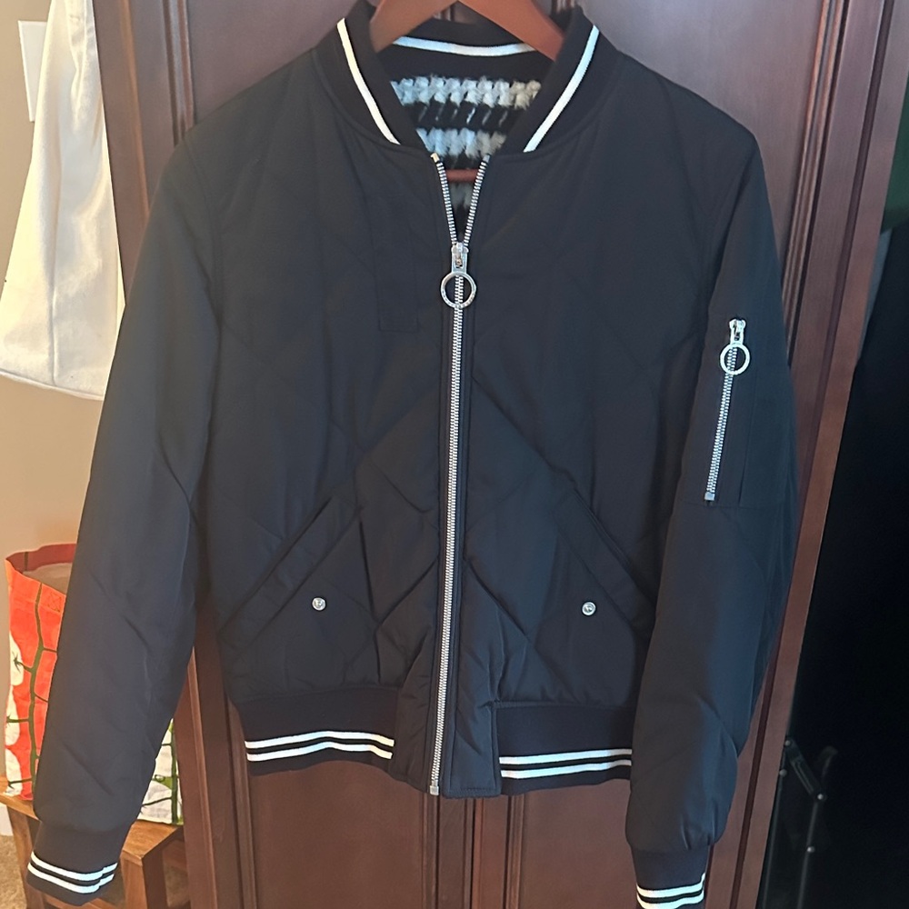 Black Quilted Jacket with Striped Lining
